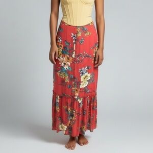 Band Of Gypsies Floral Red Front Slit Open Ruffle tier Maxi Skirt boho western